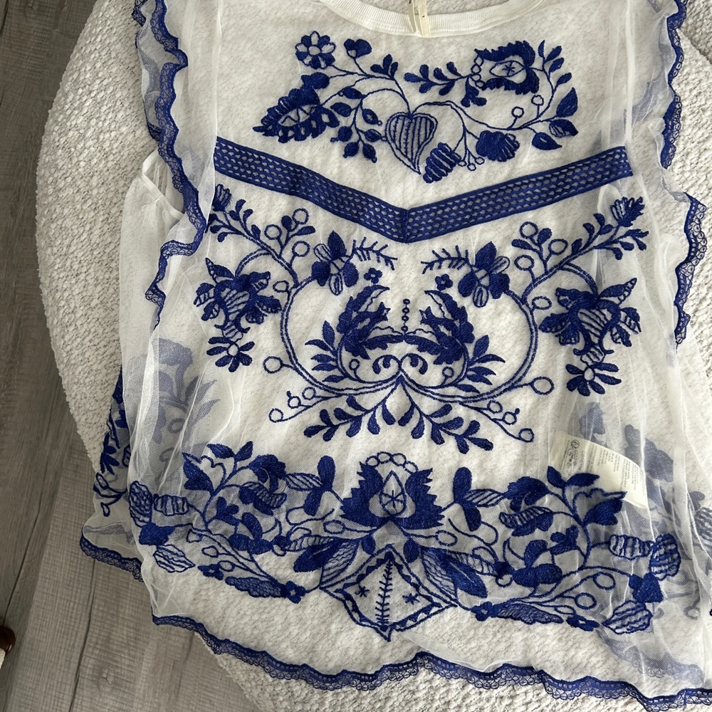 White and Blue Embroidered Sheer Top